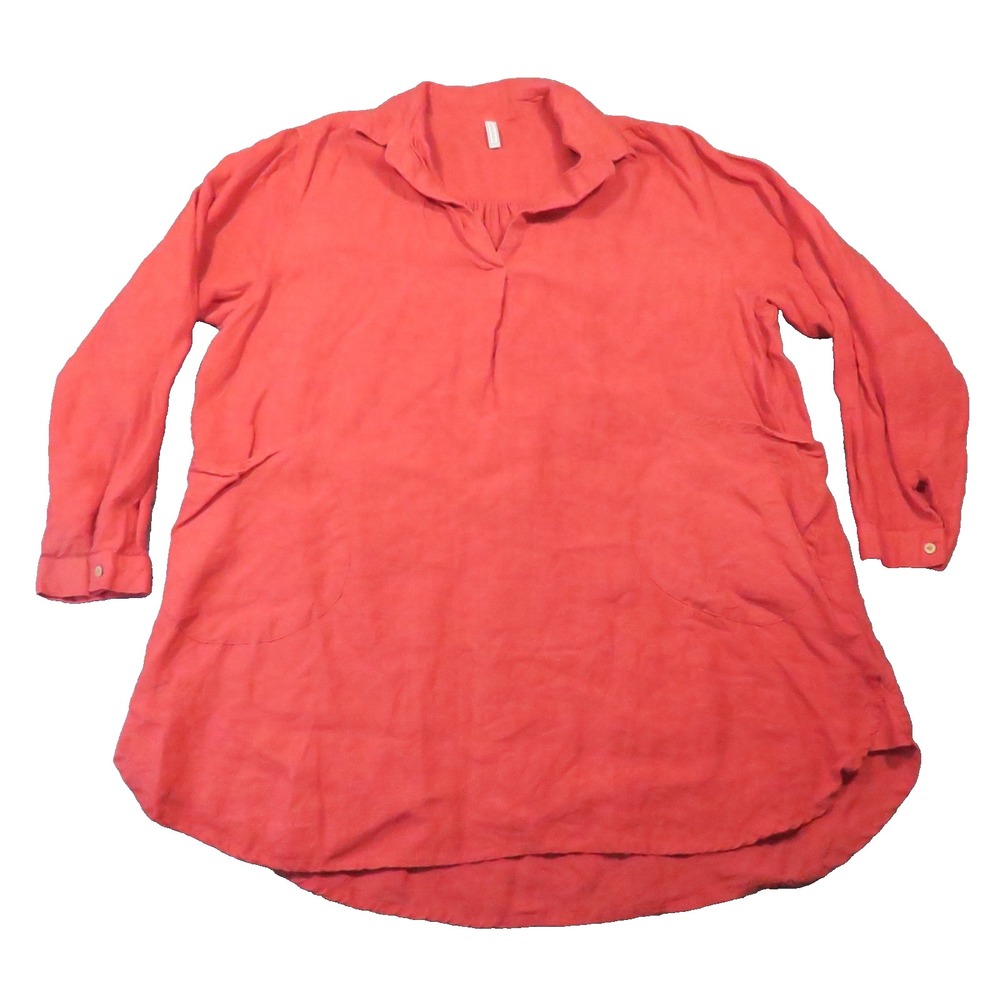 Embellish Linen Tunic Top XL Coral Long Sleeve Boho Lagenlook Coastal Beachy